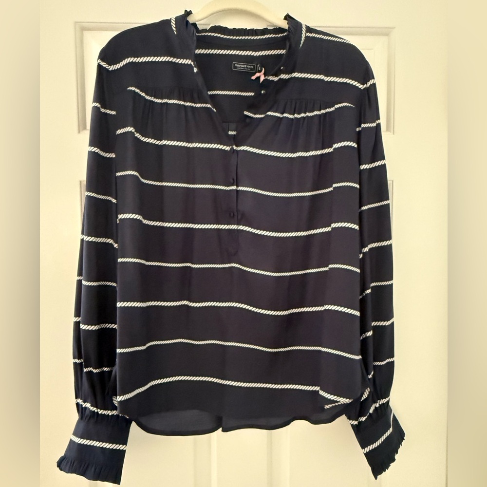 NWT Vineyard Vines Ruffle Collar - Navy and White Rope Stripe Blouse - Sz Large